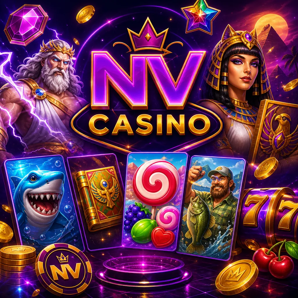 Square promo image for NV Casino featuring official logo, purple-magenta neon, and slot-card visuals with a modern iGaming at